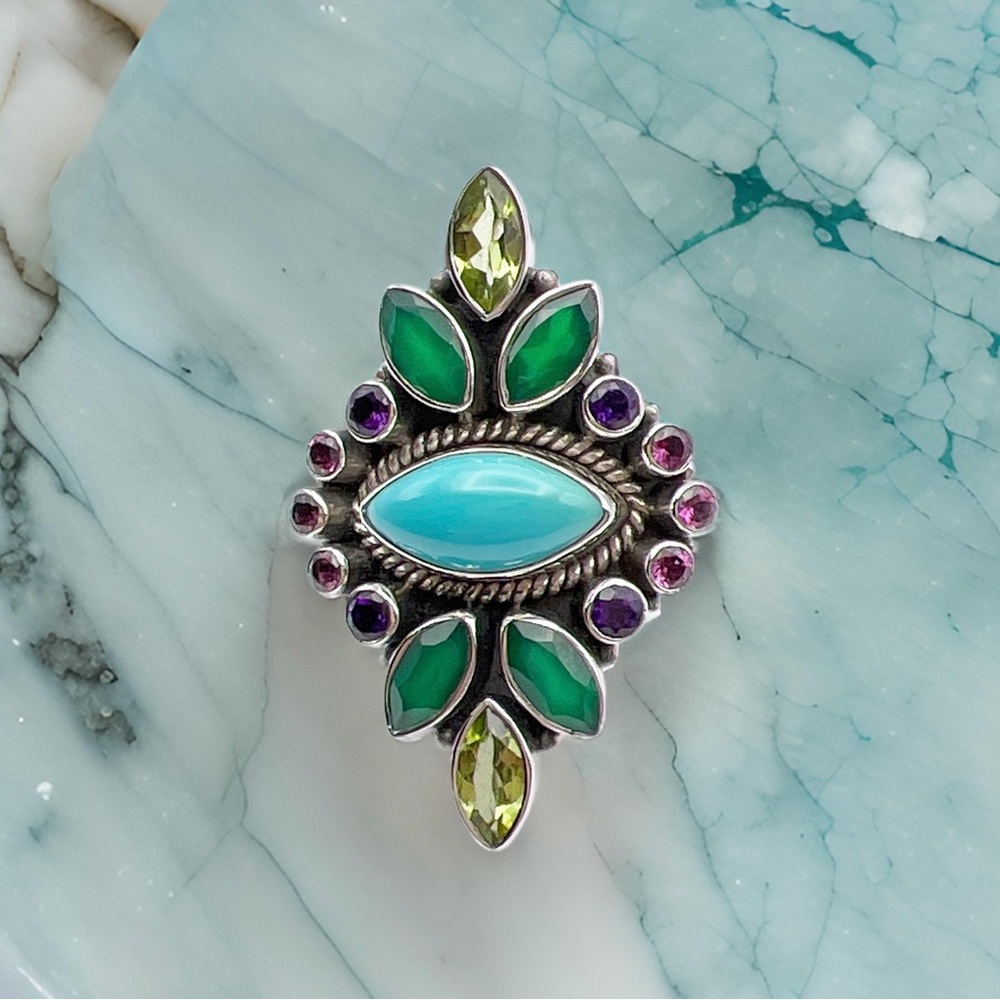 🌟NICKY BUTLER 925 Sterling Silver Turquoise Multi Gem East West Ring Siz…